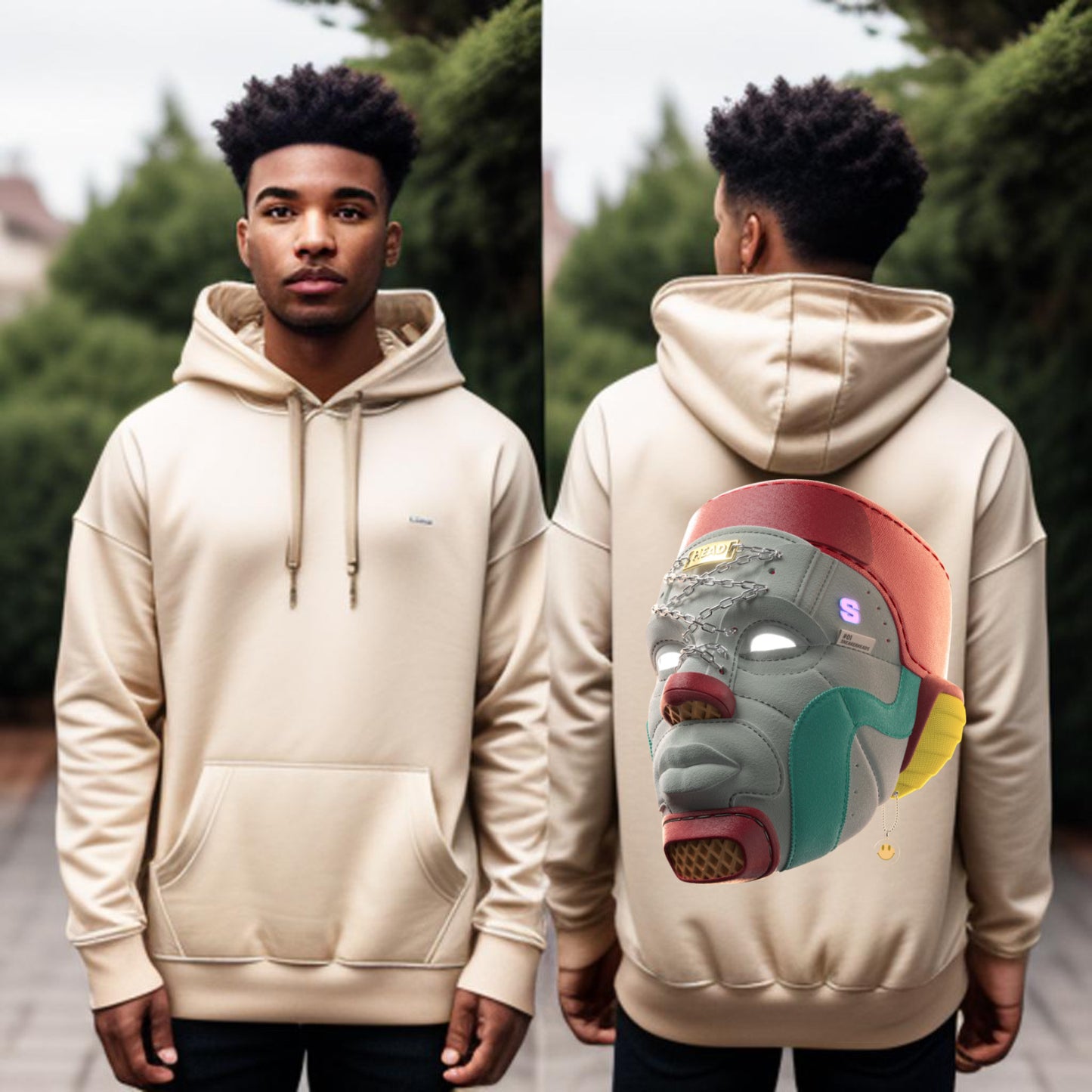 Cyber Mask Hoodie – Futuristic Streetwear with 3D Tribal Design