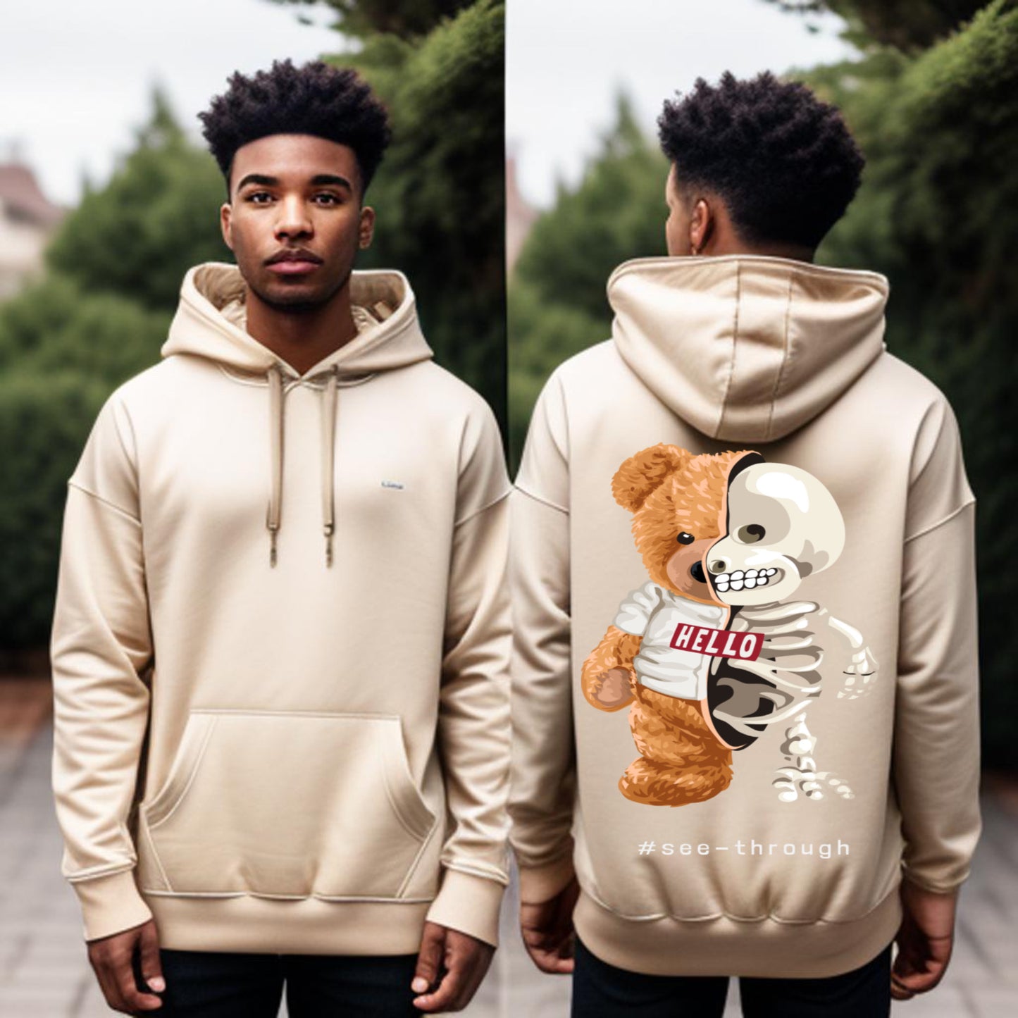 See-Through Bear Hoodie – Split Skeleton Teddy, Pop-Art Streetwear