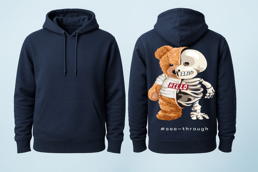 See-Through Bear Hoodie – Split Skeleton Teddy, Pop-Art Streetwear