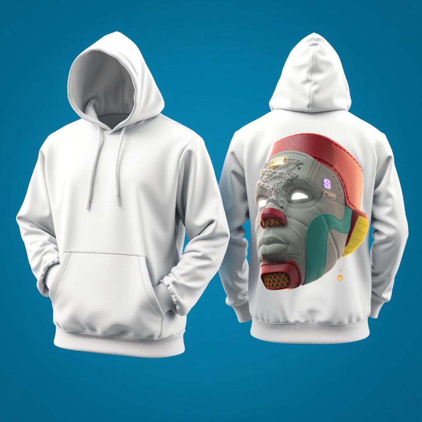 Cyber Mask Hoodie – Futuristic Streetwear with 3D Tribal Design