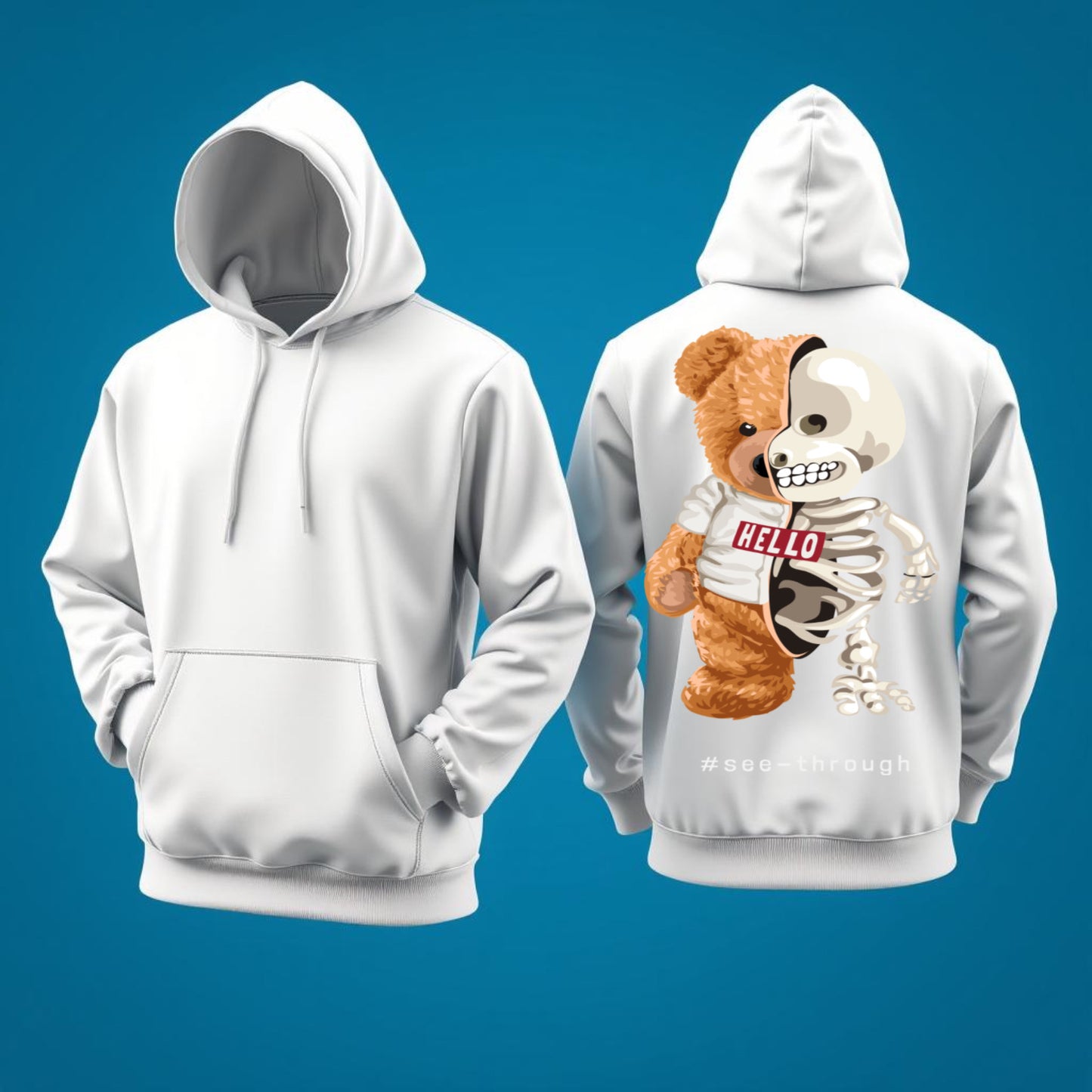 See-Through Bear Hoodie – Split Skeleton Teddy, Pop-Art Streetwear