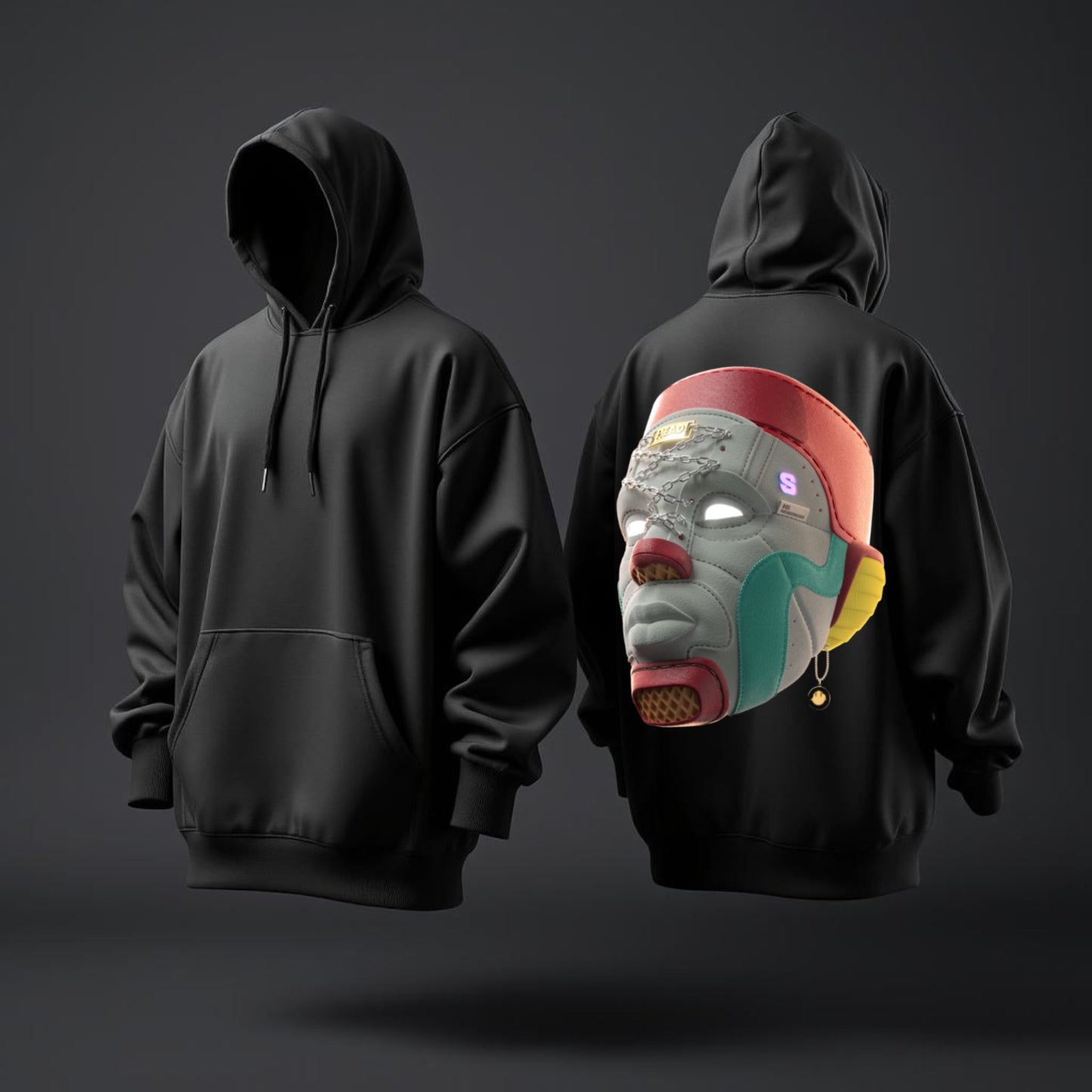 Cyber Mask Hoodie – Futuristic Streetwear with 3D Tribal Design