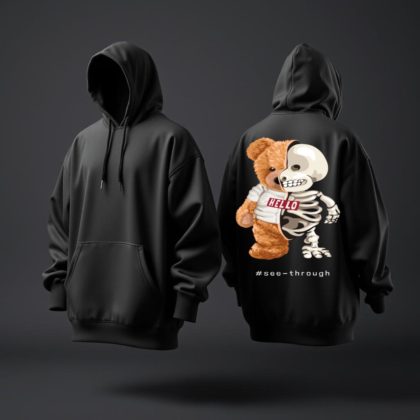 See-Through Bear Hoodie – Split Skeleton Teddy, Pop-Art Streetwear