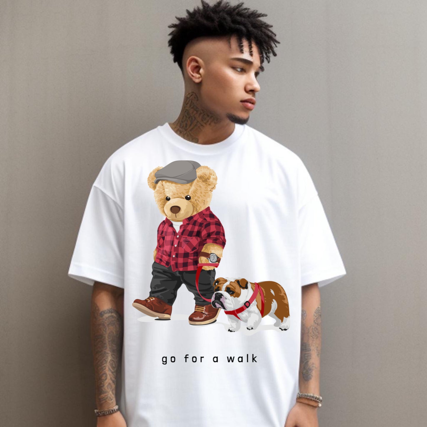 Go for a Walk – Cozy Teddy & Bulldog Graphic T-Shirt